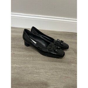 Spiegel Vintage Square Toe Bow Shiny Black Leather Heels Women's Size 8.5